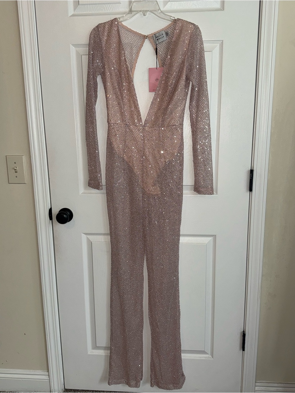 Hello Molly Rose Blush Sequin Plunge Jumpsuit